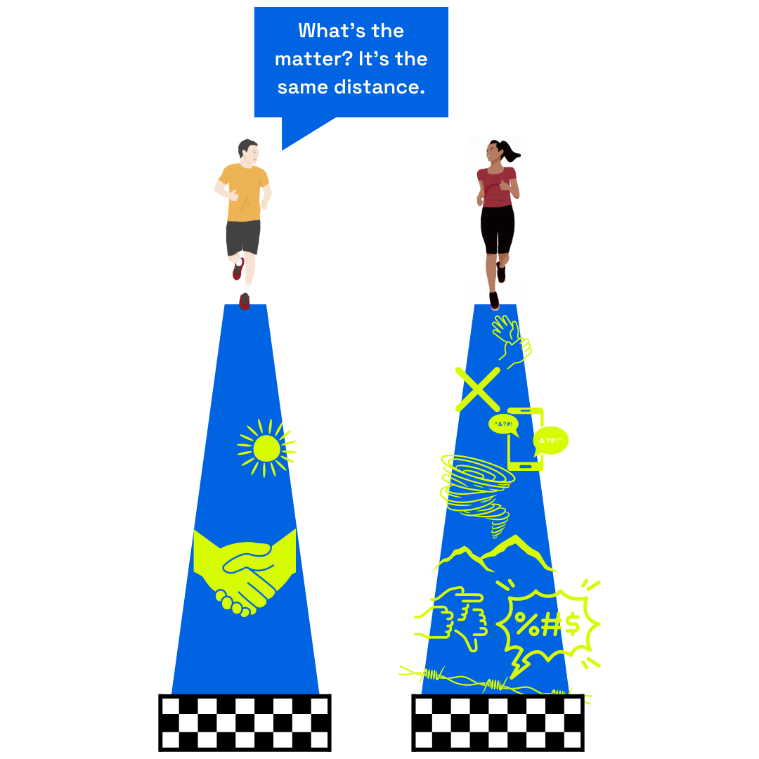 Ilustration of two roads, a man and a woman are racing on their respective road, the man's path is clear and the woman's path is paved with obstacles, both roads lead to the same finish line